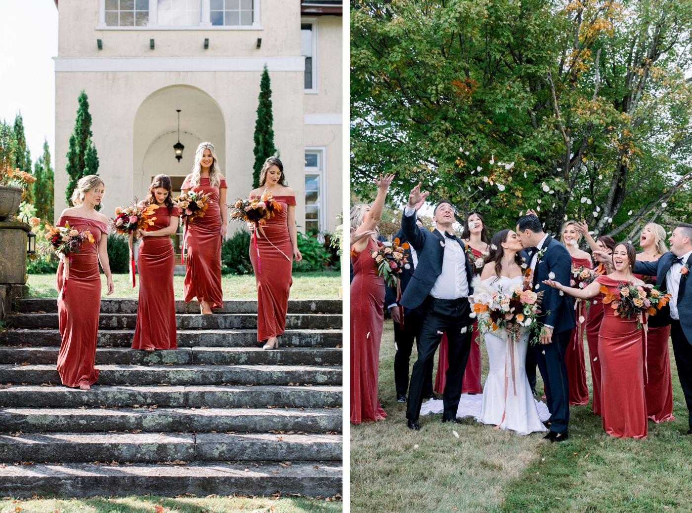 Bridesmaids in velvet rust colored gowns
