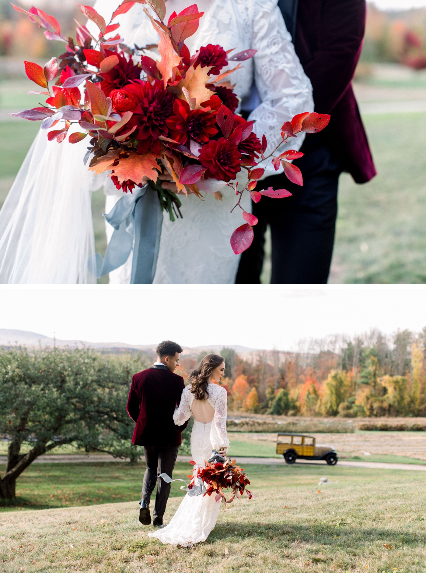 Fall wedding ceremony in New Hampshire with lush flowers by Birds of a Flower