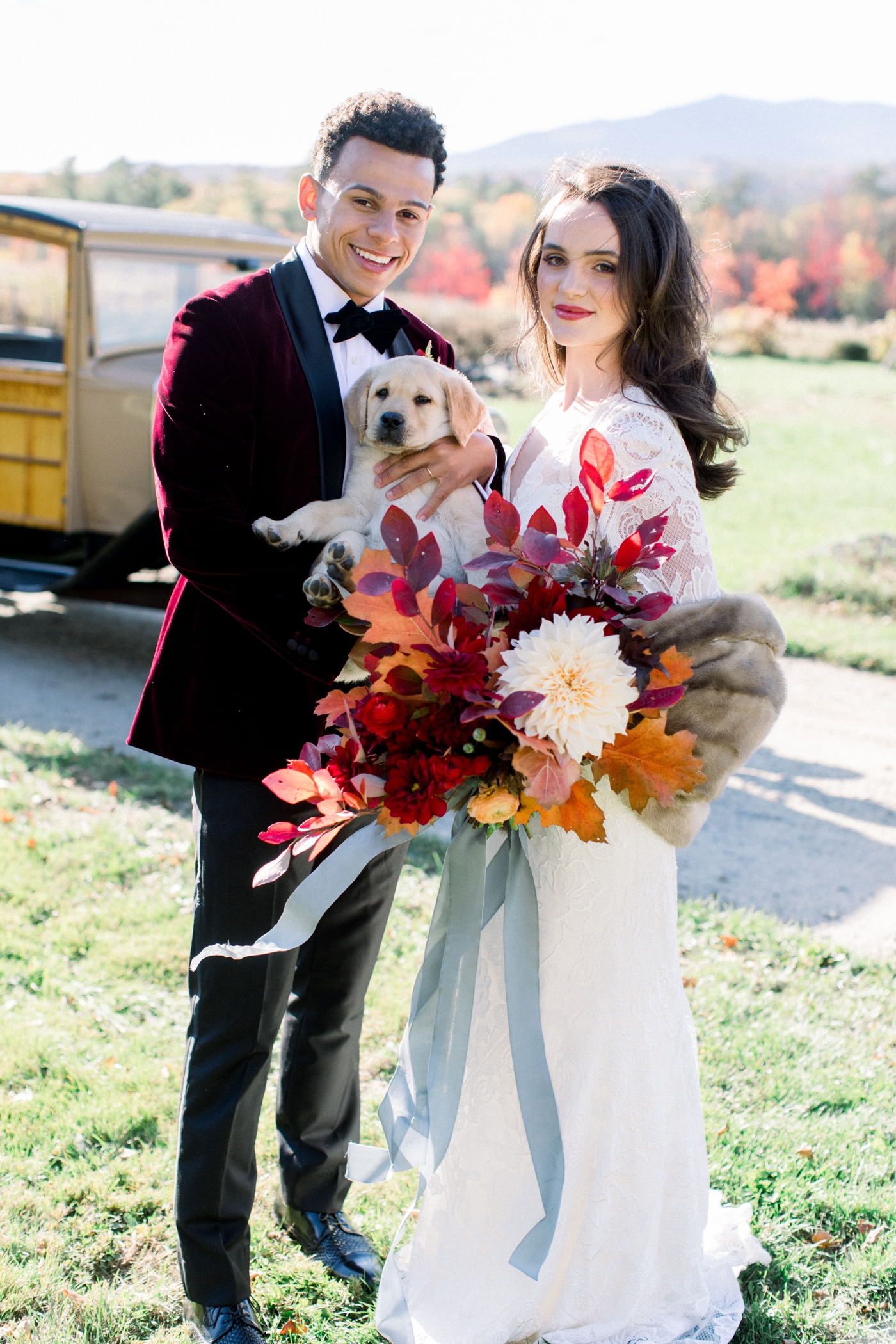 Tartan and stone fruit wedding decor play a central role in this late fall elopement at Mount Monadnock.