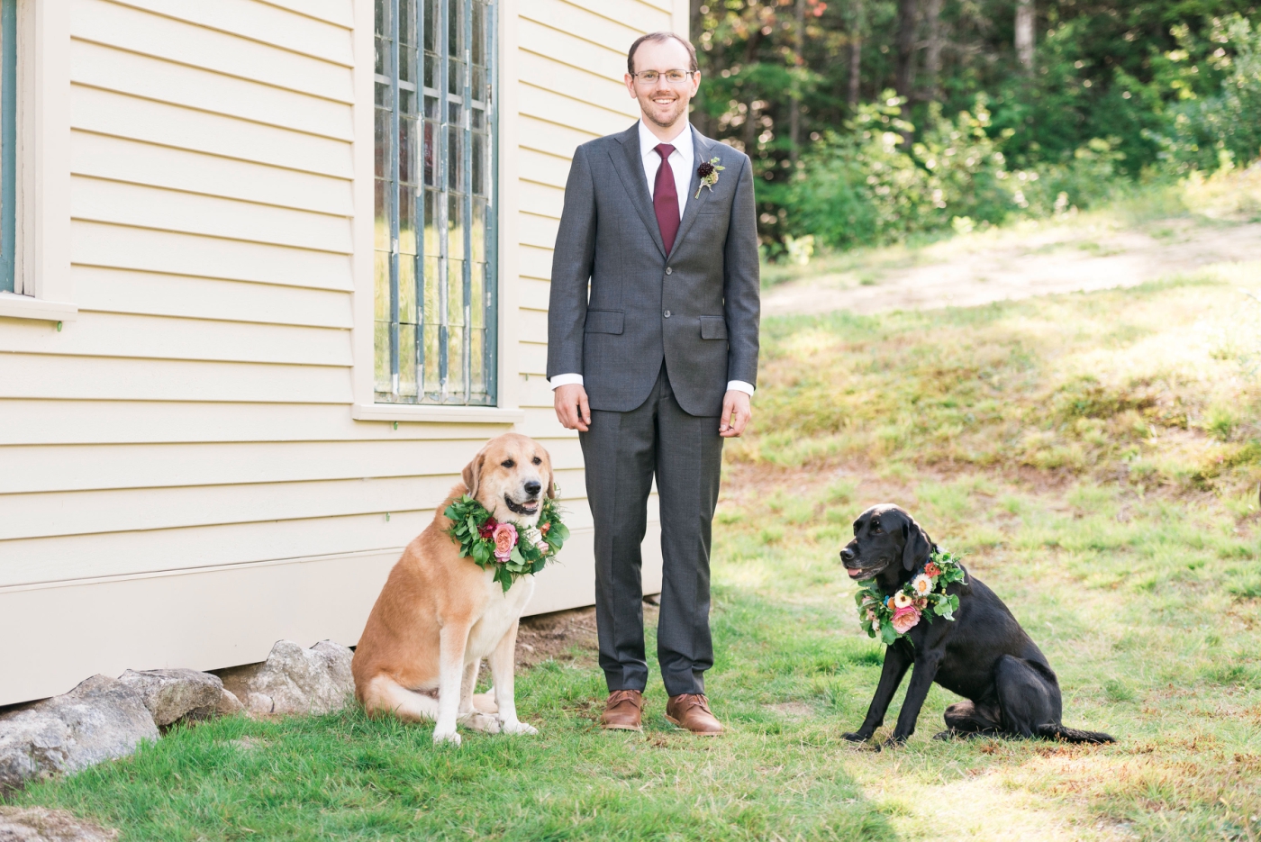 groom and dogs for backyard Jackson New Hampshire wedding