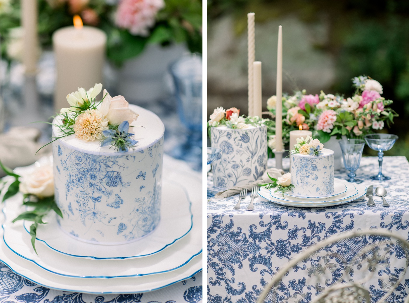 Hand painted toile patten wedding cakes