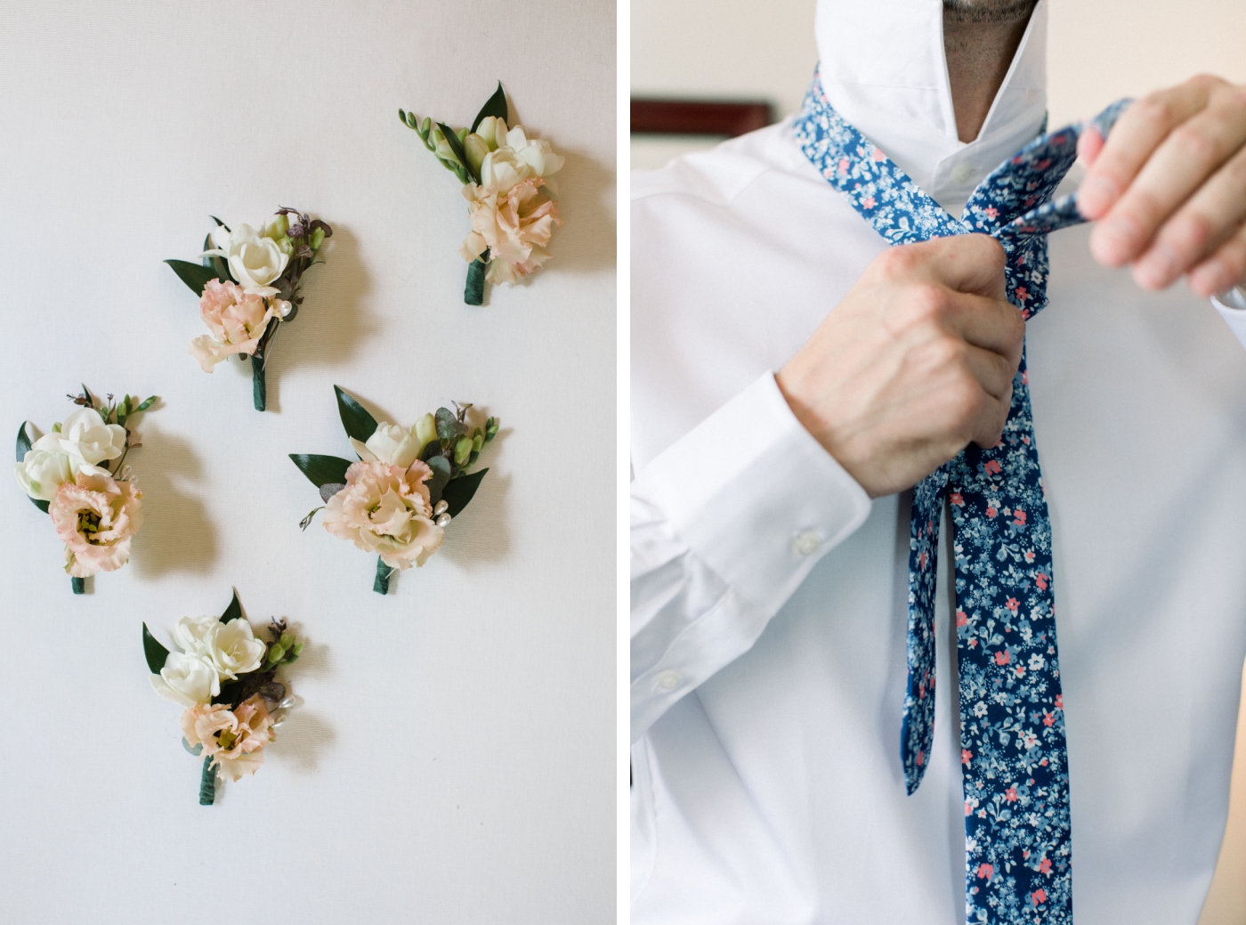 Groom wearing a blue and pink floral tie