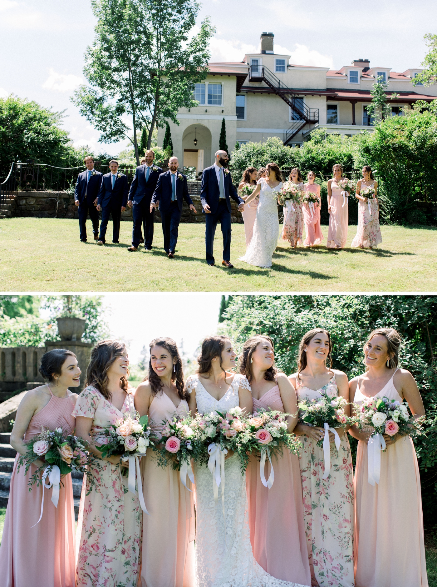 Bridesmaids in blush and floral gowns