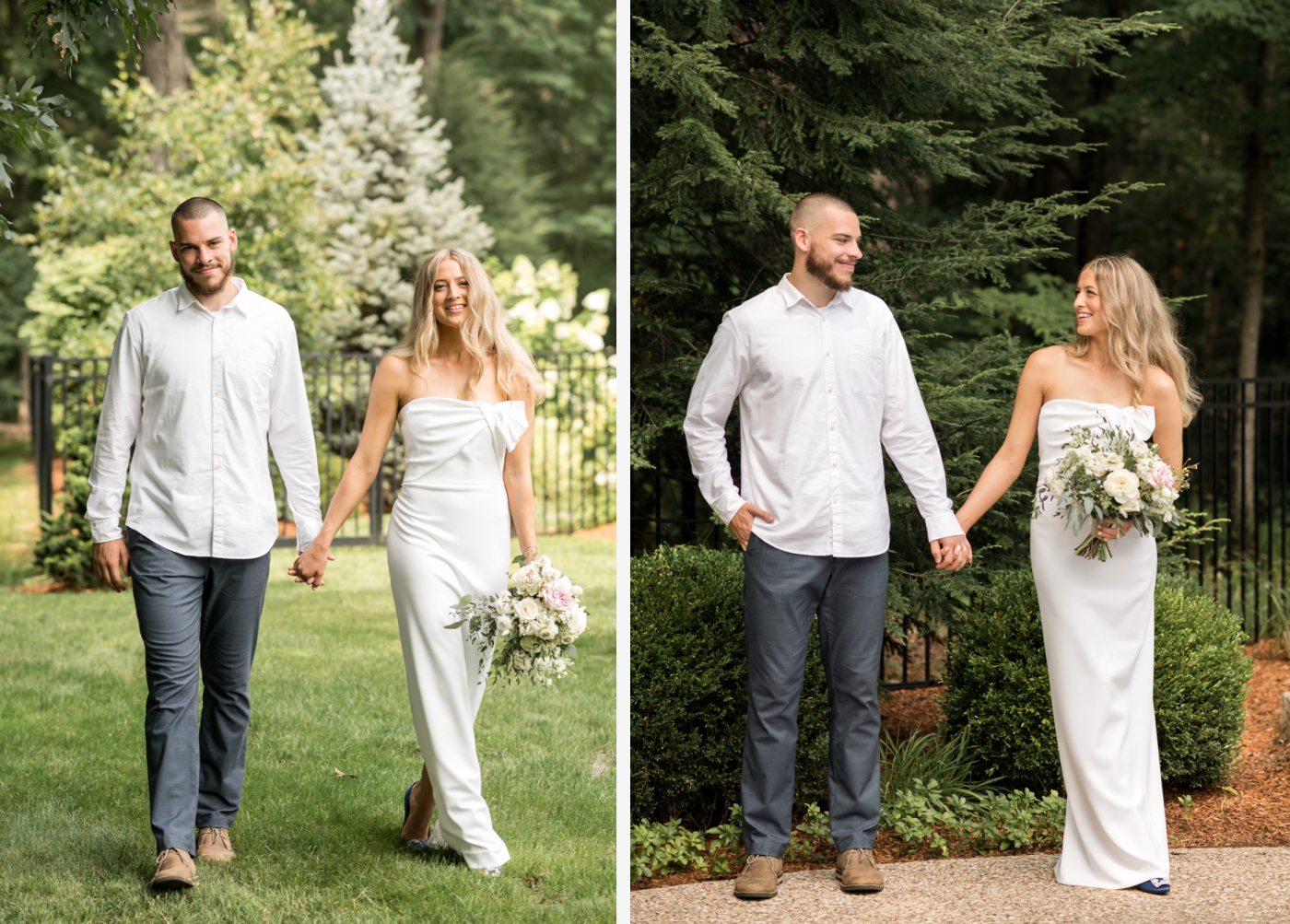 Bride and groom portraits in a private backyard in New England