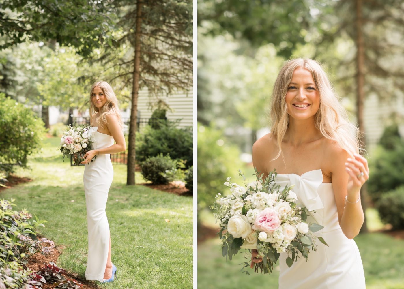 bride with white and pink bouquet