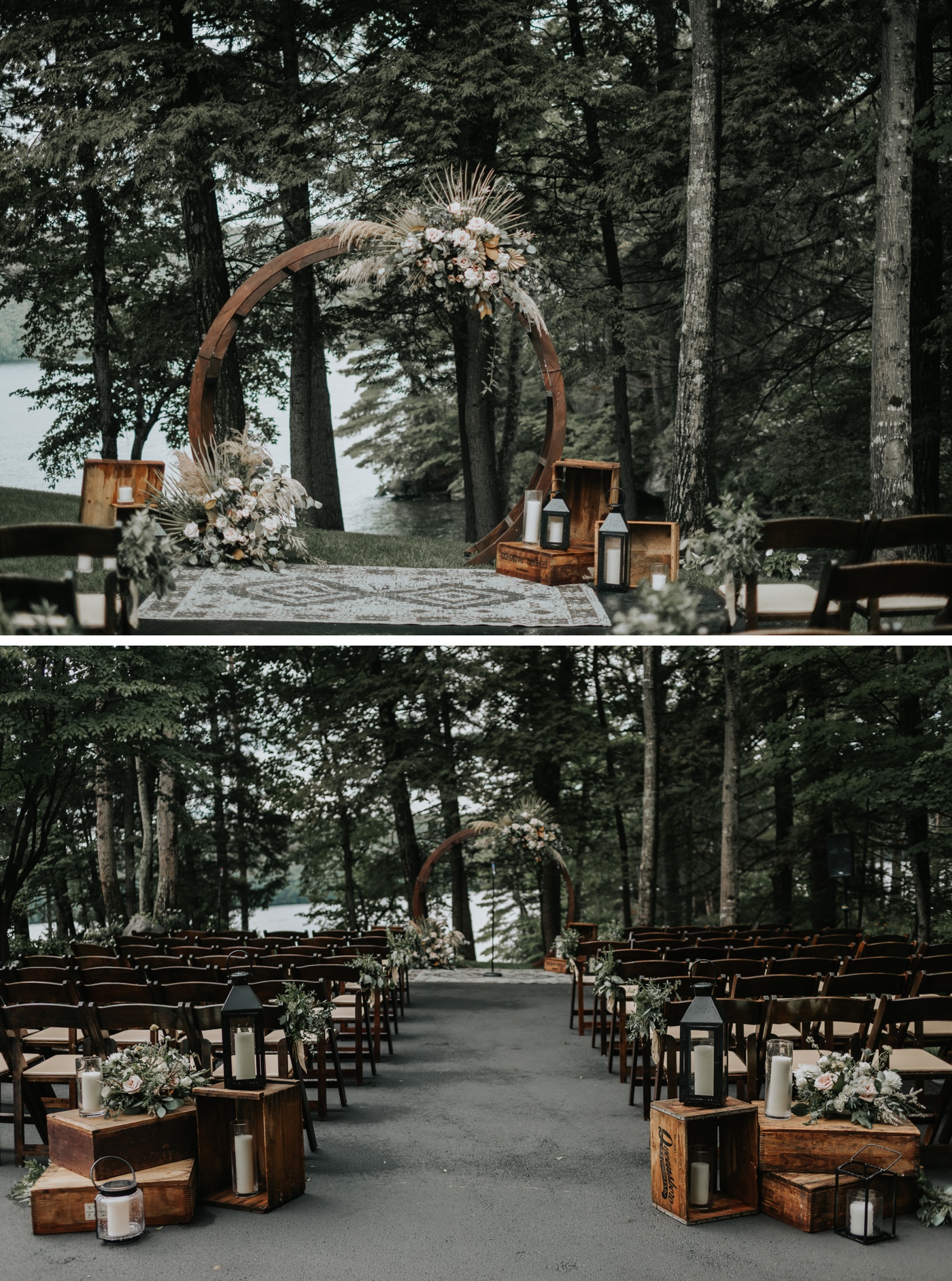 Wooden ceremony arch featuring dahlias, roses, and pampas grass