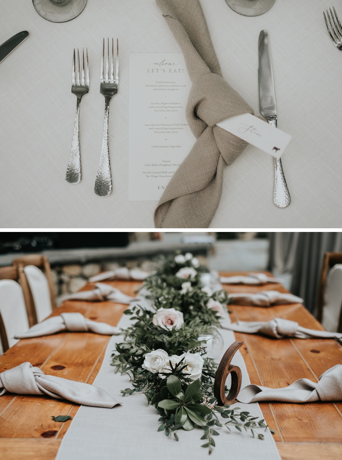 Wooden farm tables and ivory table linens for a summer wedding reception