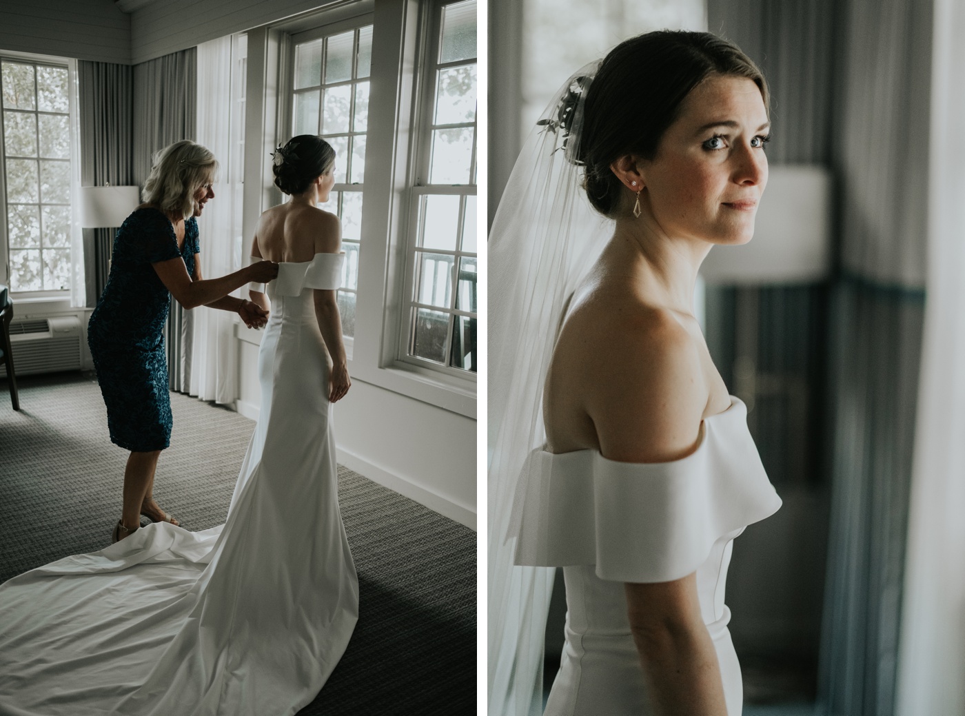 Bride getting ready at a private residence overlooking Lake Winnipesaukee