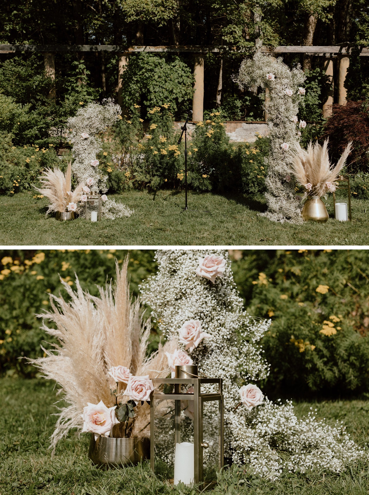 Ceremony arches featuring baby's breath and blush roses beside golden pots filled with pampas grass