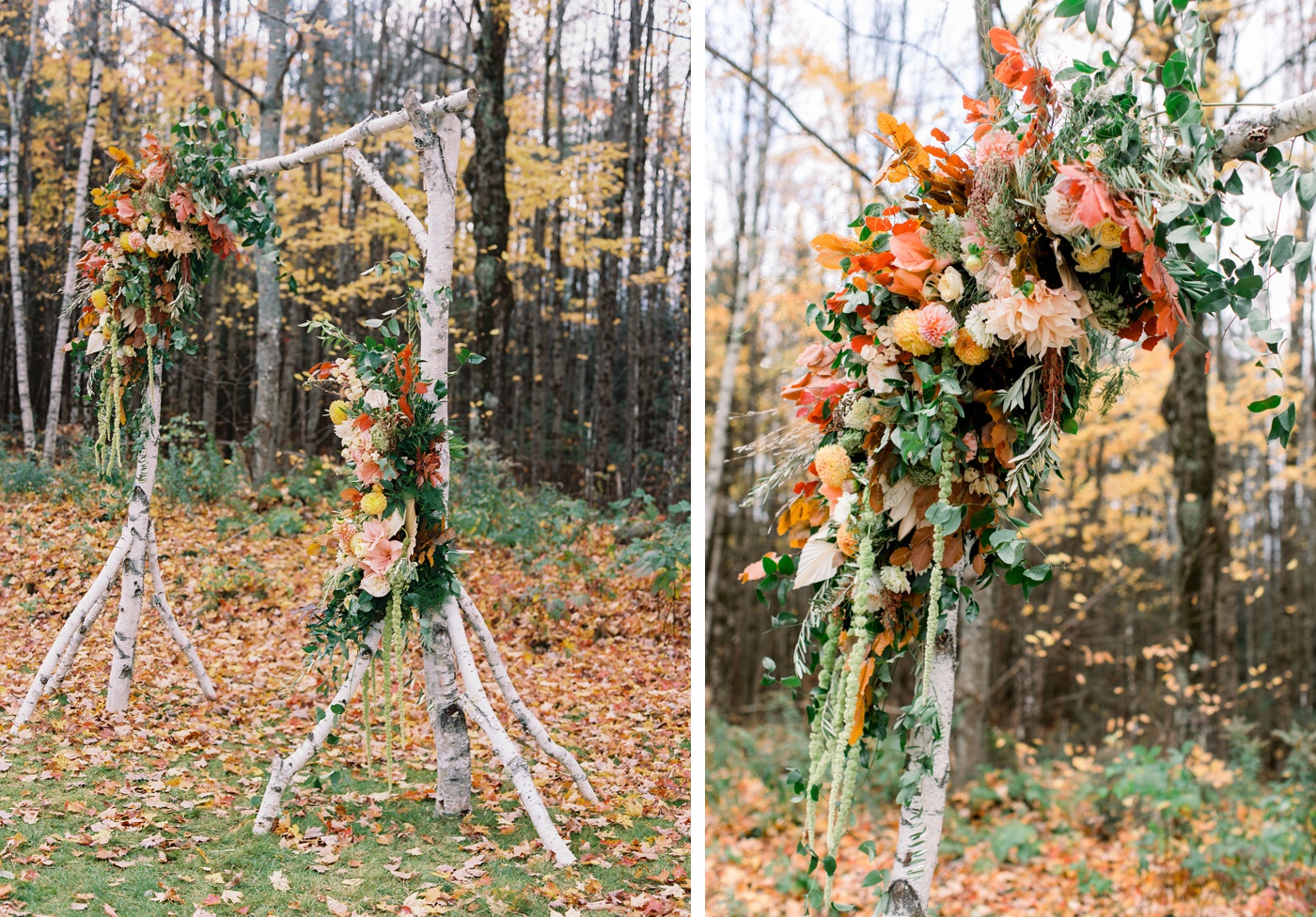 Arch made of birch wood and decorated with peach and yellow flowers for a fall wedding ceremony