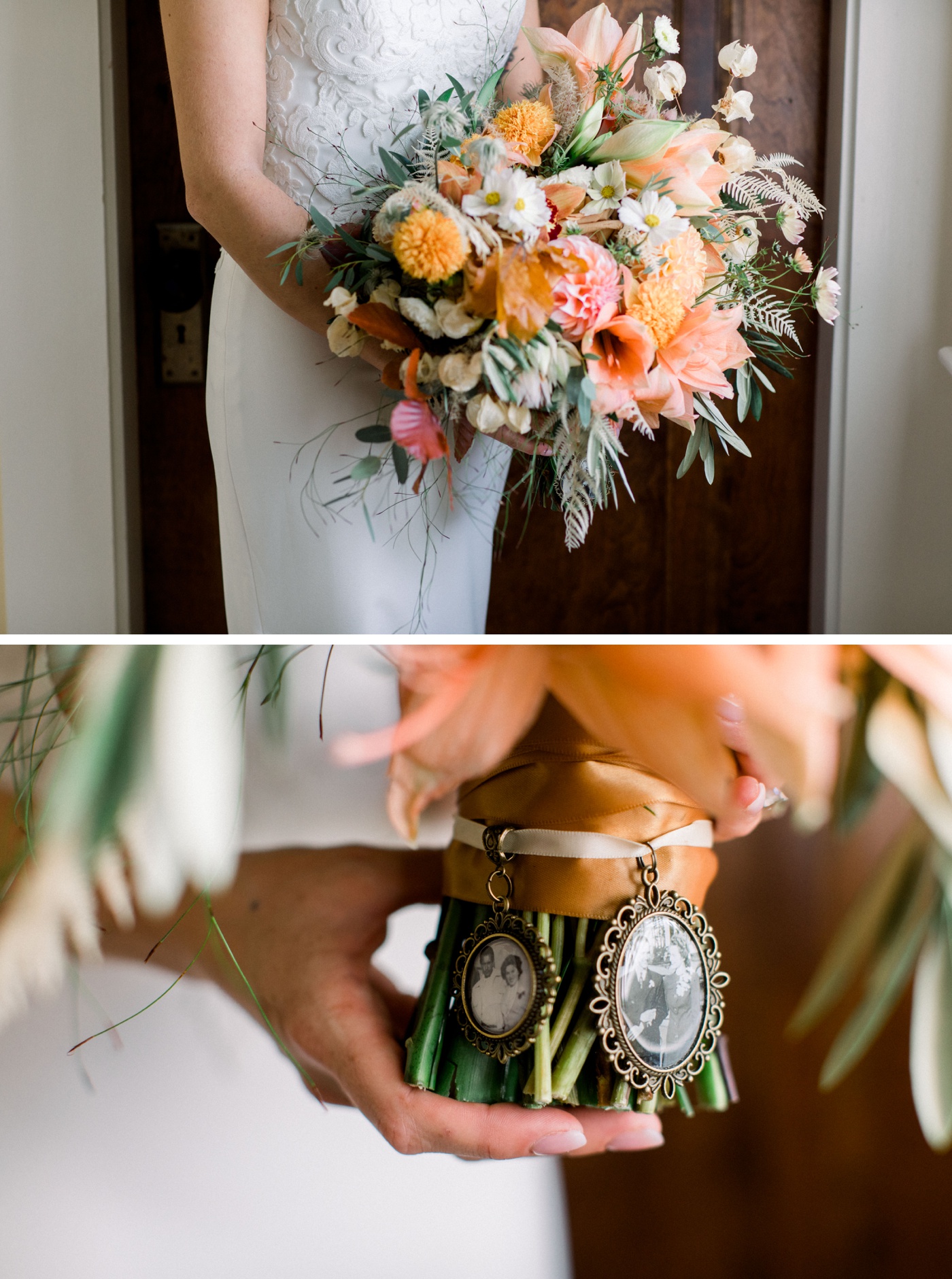 Bridal bouquet filled with peach dahlias, garden roses, Queen Anne's lace, and Italian cuscus