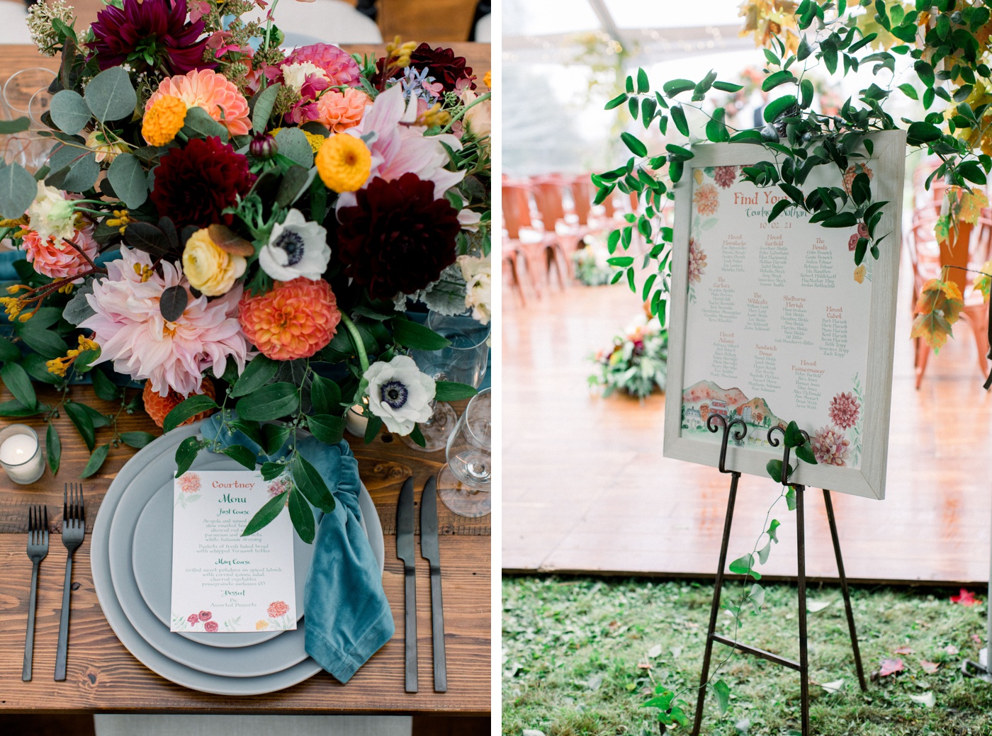 Turquoise linens and brightly colored flowers for a fall wedding reception