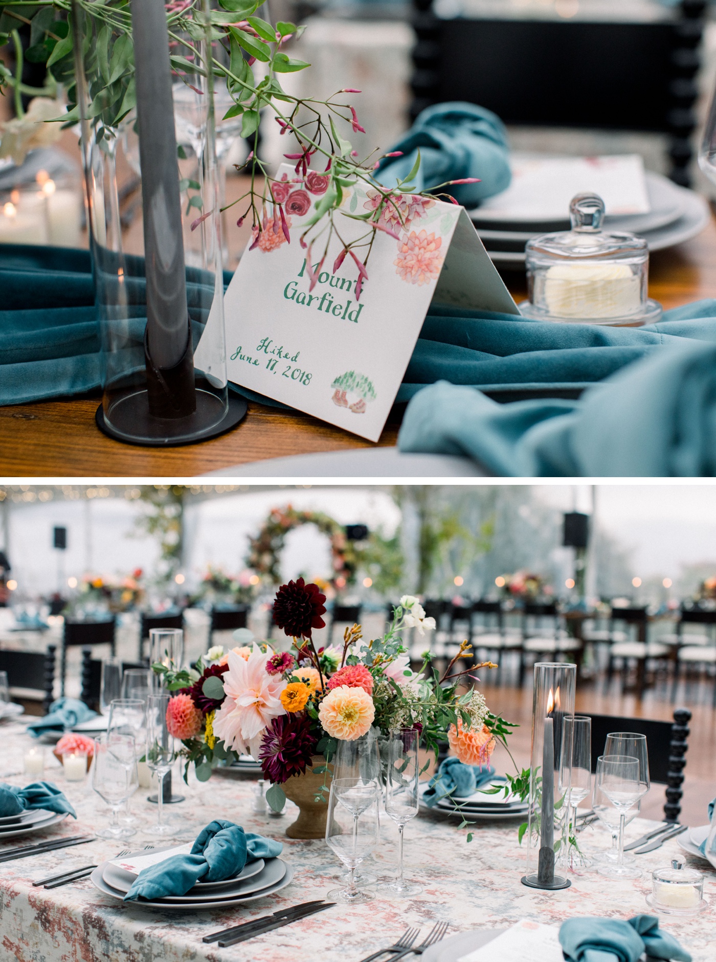 Wedding reception tables named after mountains climbed by the bride and groom