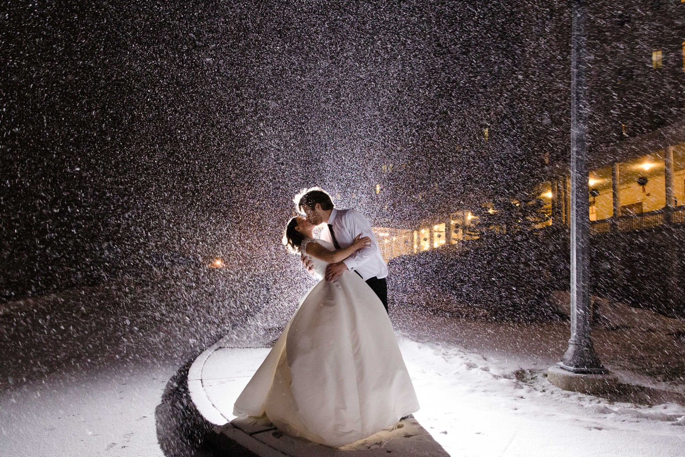 Bride and groom portraits in the snow