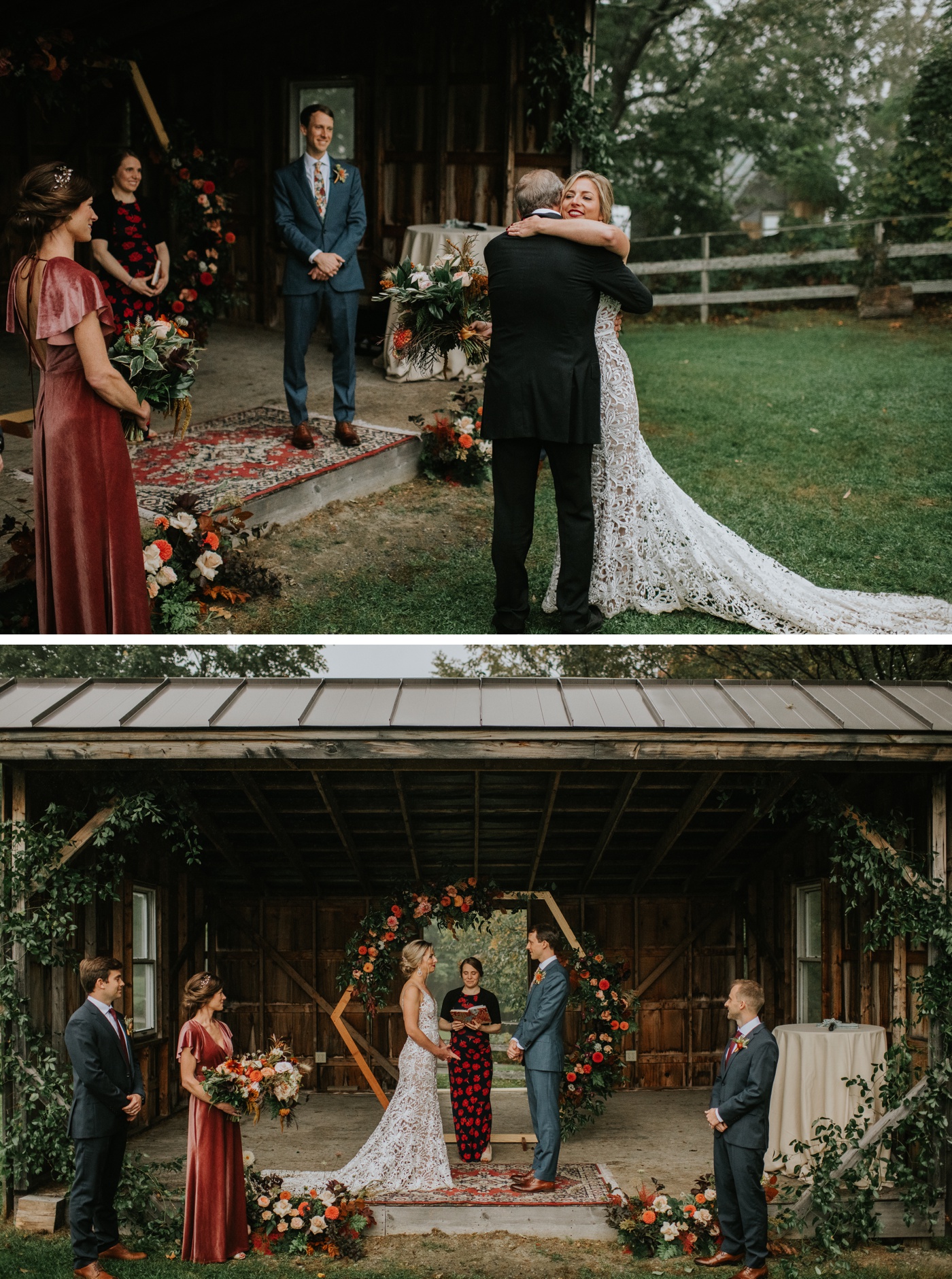 Burgundy, red, and peach flowers and a red oriental rug for a fall outdoor wedding ceremony