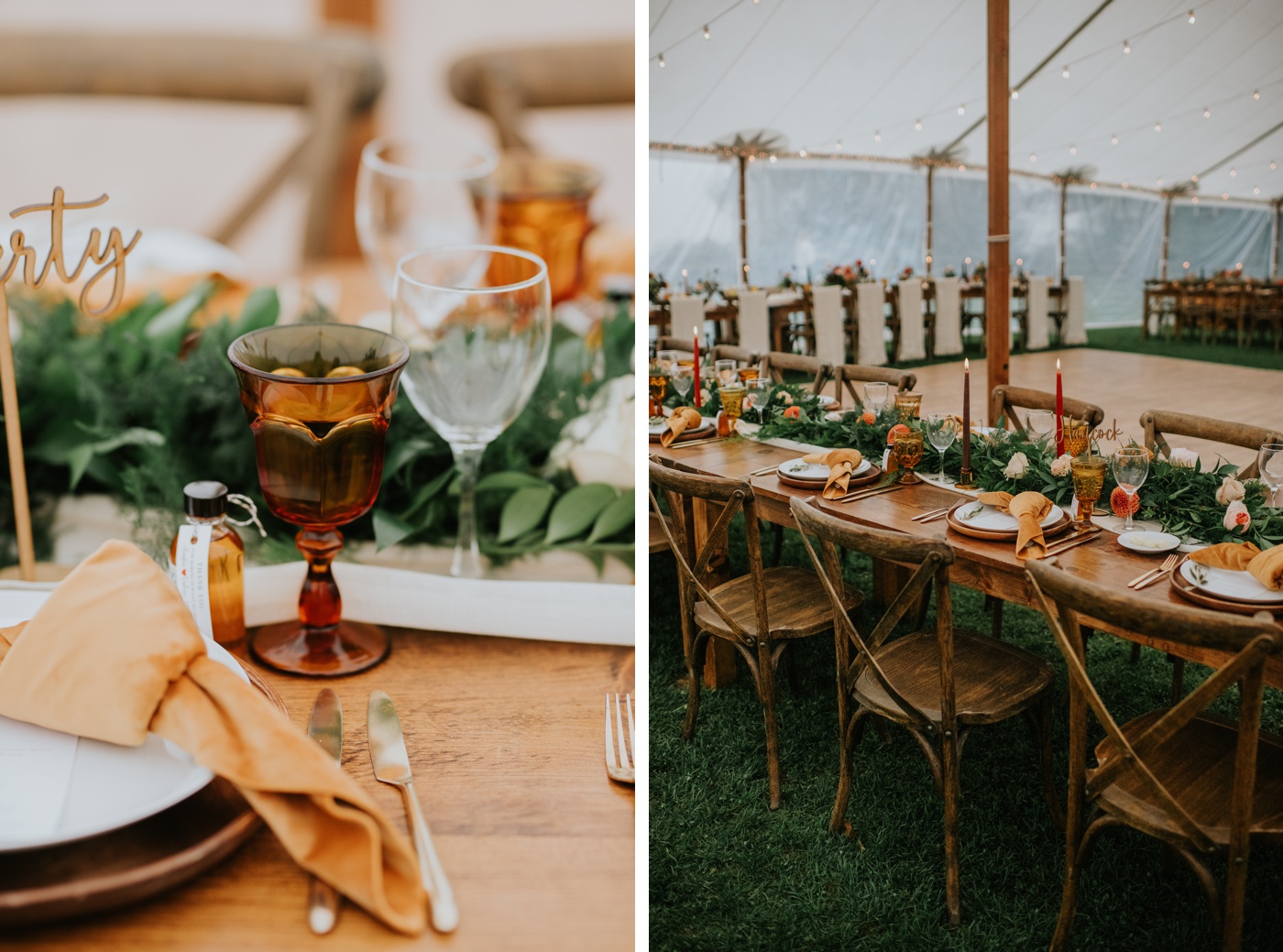 Marigold tablecloths, amber glasses, and honey napkins for a fall tented wedding reception