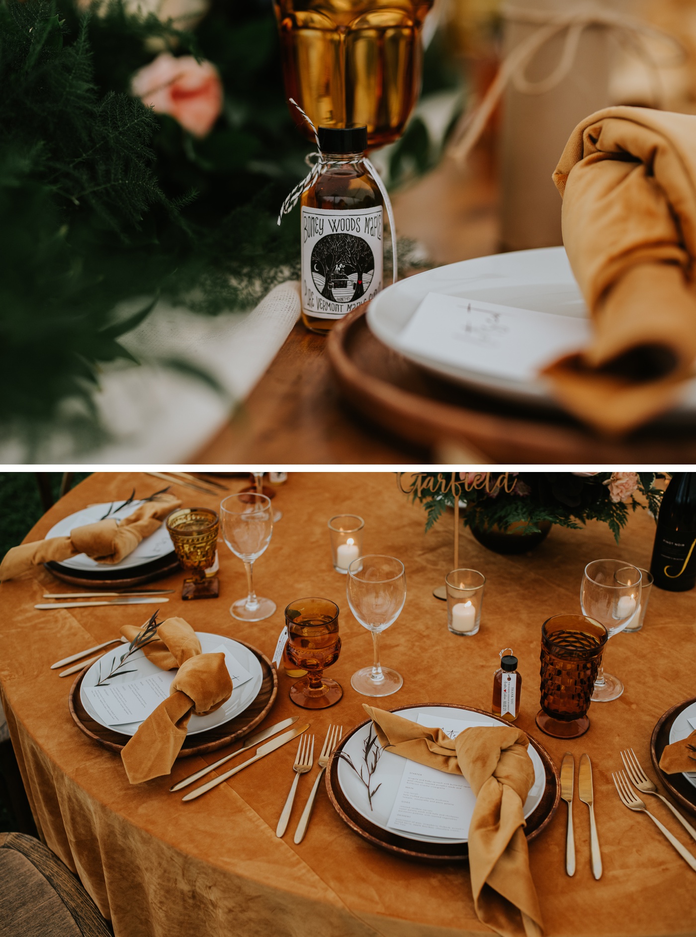 Marigold tablecloths, amber glasses, and honey napkins for a fall tented wedding reception