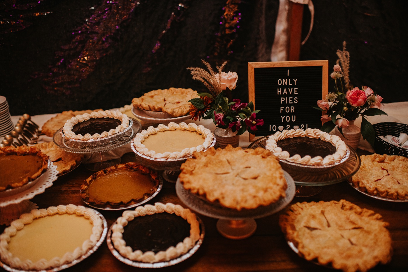 Pie table at a wedding instead of cake