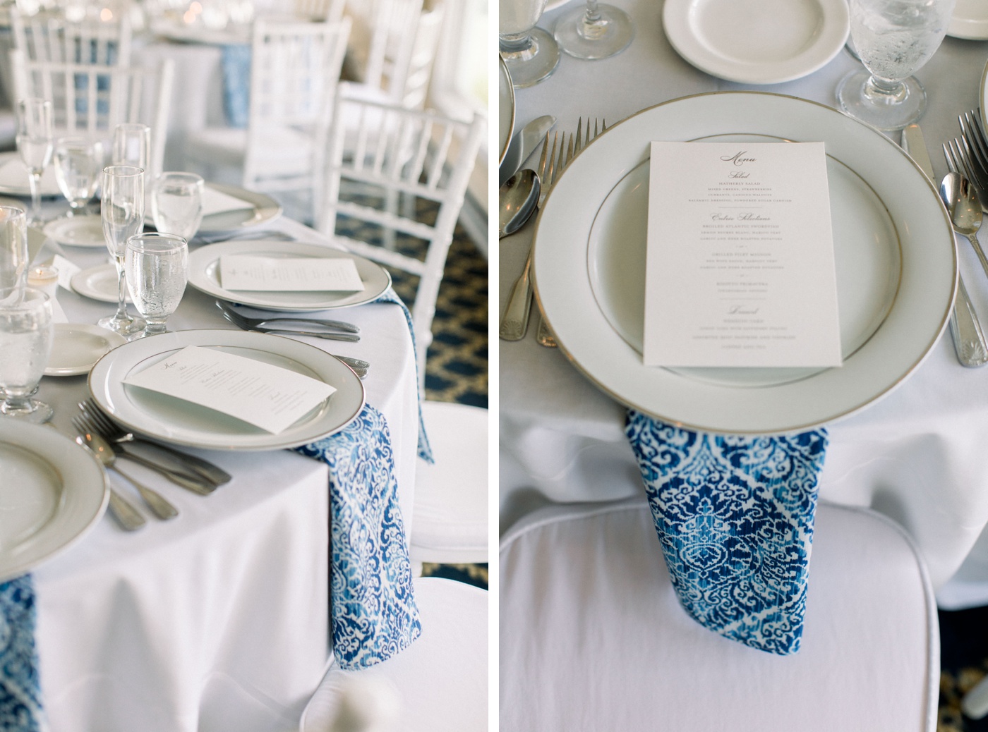 Blue and white linens for a classic wedding reception at Hatherly Country Club