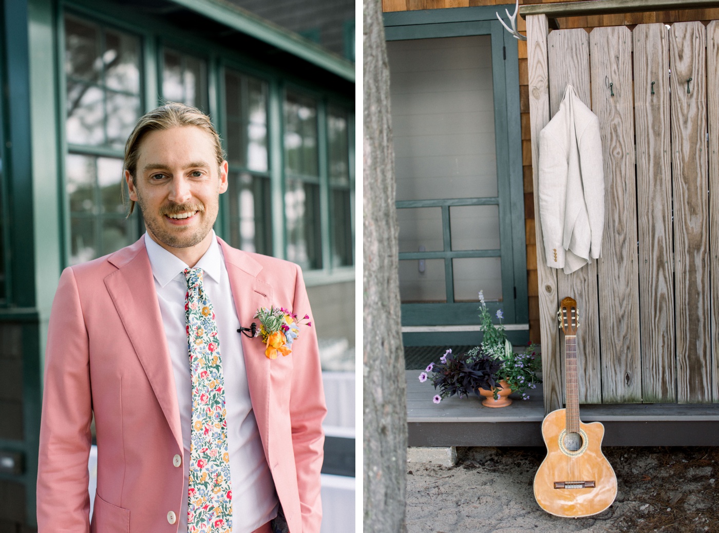 Groom wearing a pink suit with a floral necktie