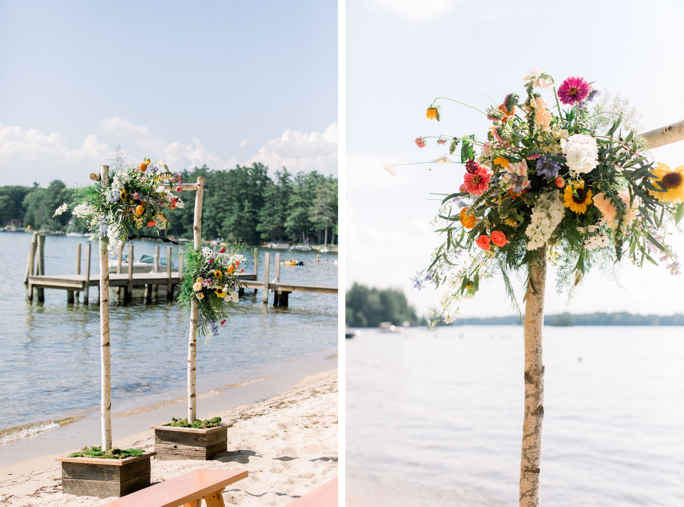 Birchwood arch decorated with colorful florals for a summer wedding ceremony