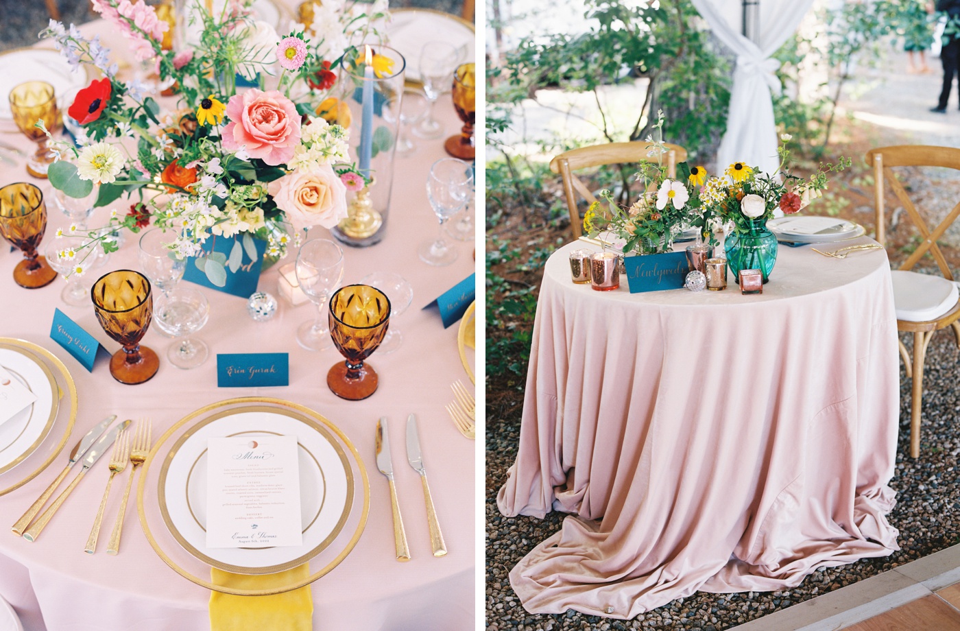 Pink tablecloths, yellow napkins, and blue place cards for a colorful wedding reception