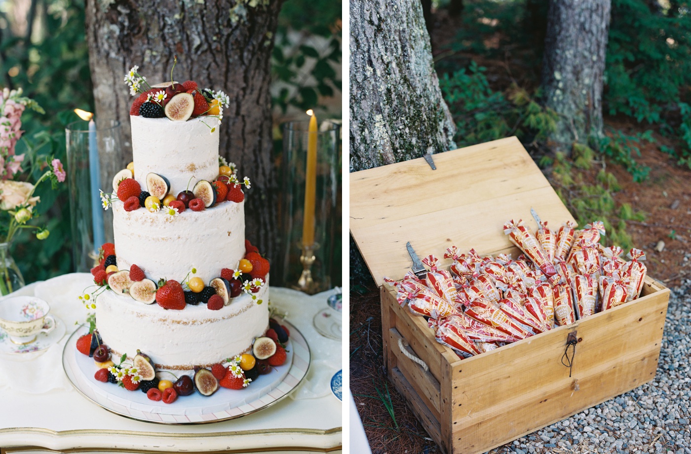 Naked wedding cake covered in summer fruits by For Goodness Cakes