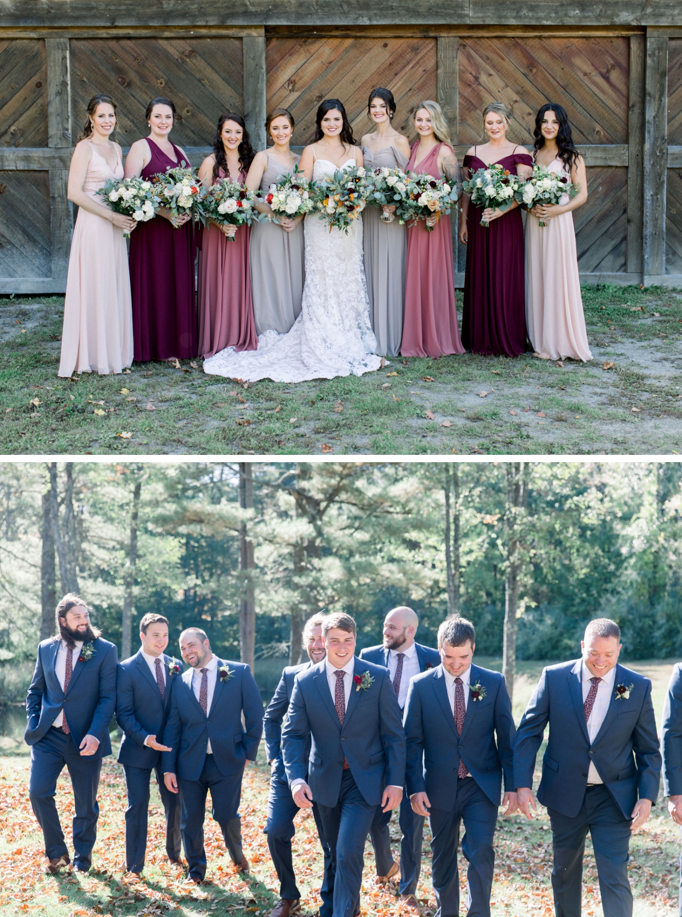 bridesmaids in shades of red and groomsmen in blue
