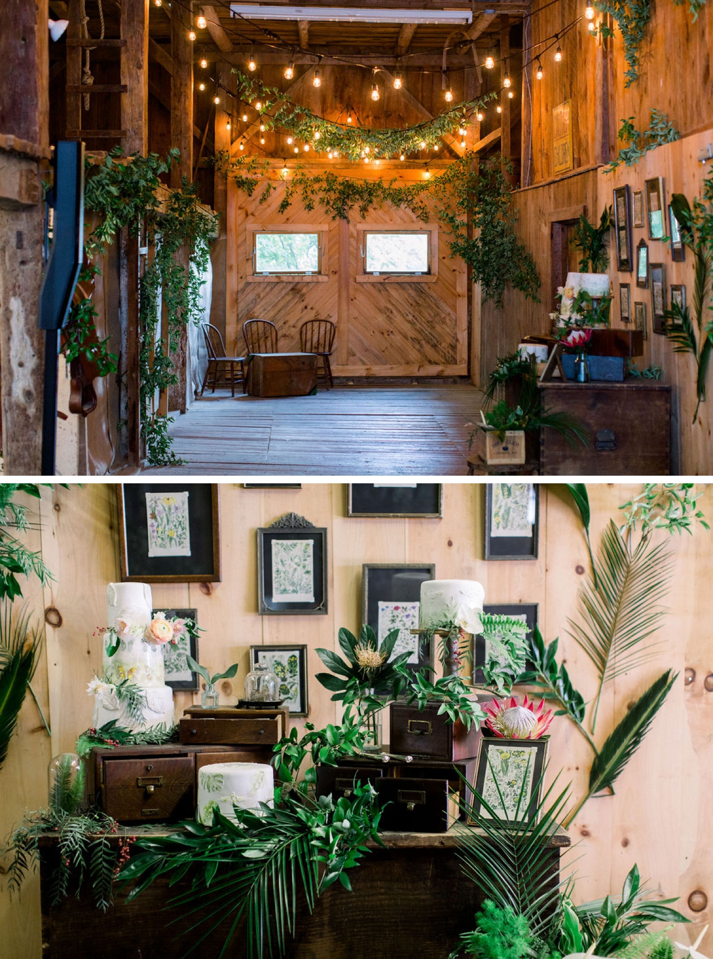 Antique sideboard with tropical greenery and a gallery wall of vintage picture frames at a nature-themed wedding