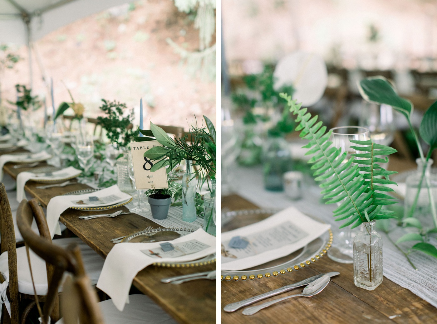 White gauze table runners, blue taper candles, and greenery for a tropical-inspired wedding reception