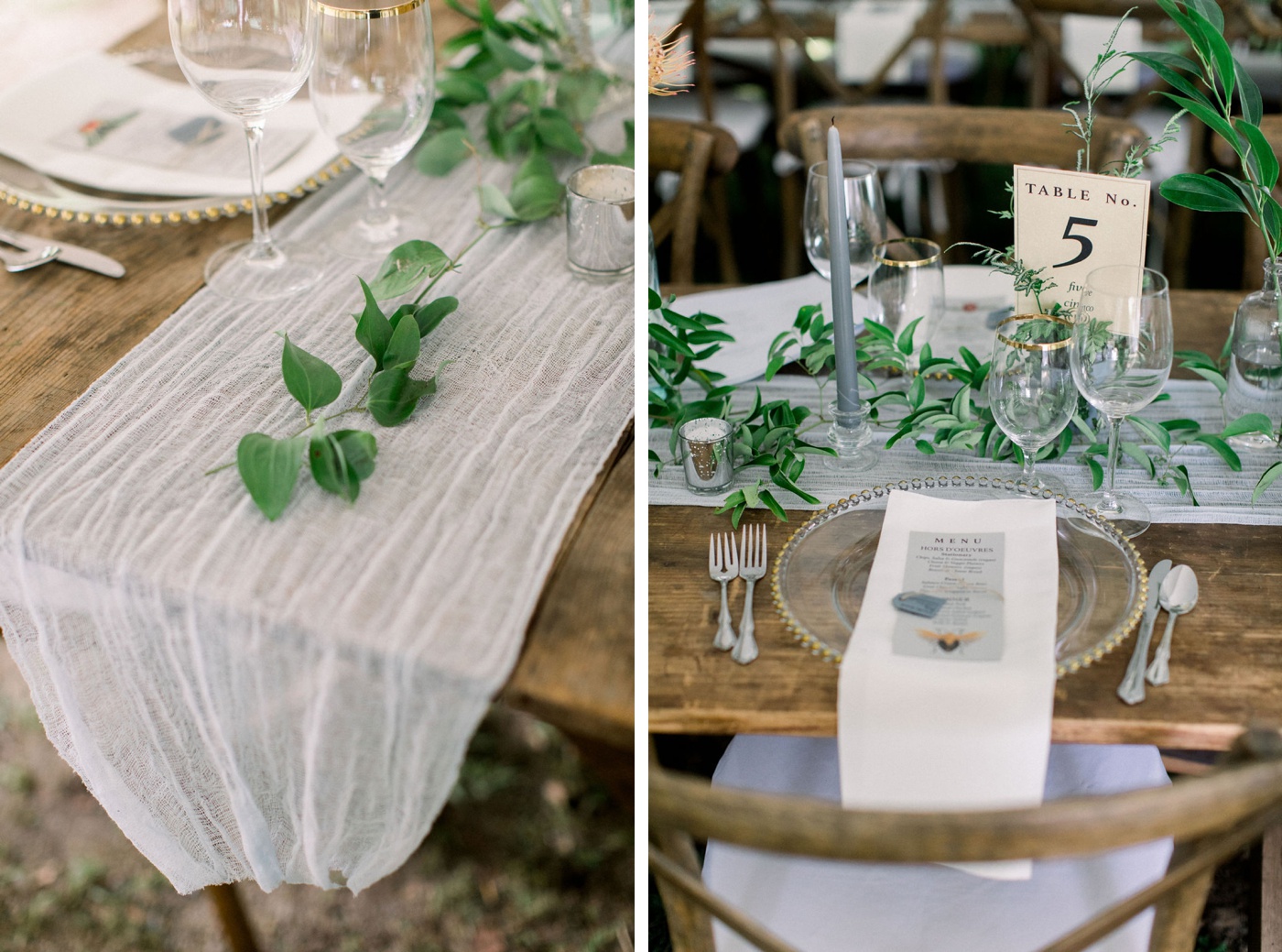 White gauze table runners, blue taper candles, and greenery for a tropical-inspired wedding reception