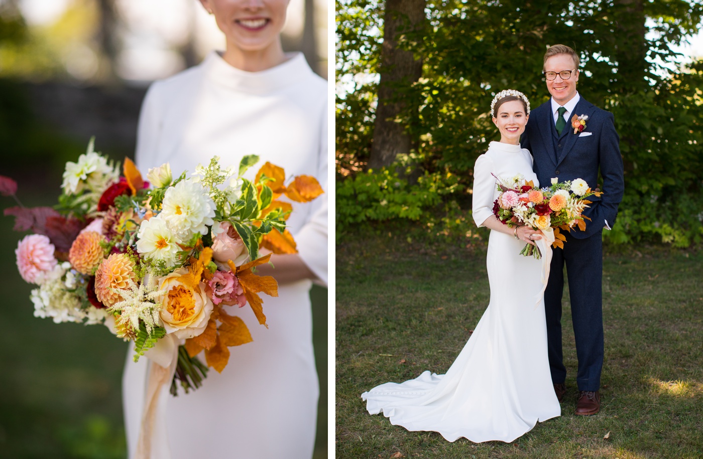 A bridal bouquet filled with orange and white dahlias for a fall wedding