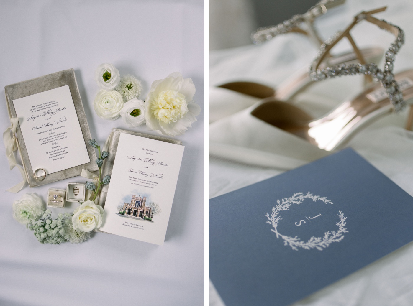 Flatlay of white and blue wedding stationery with white flowers