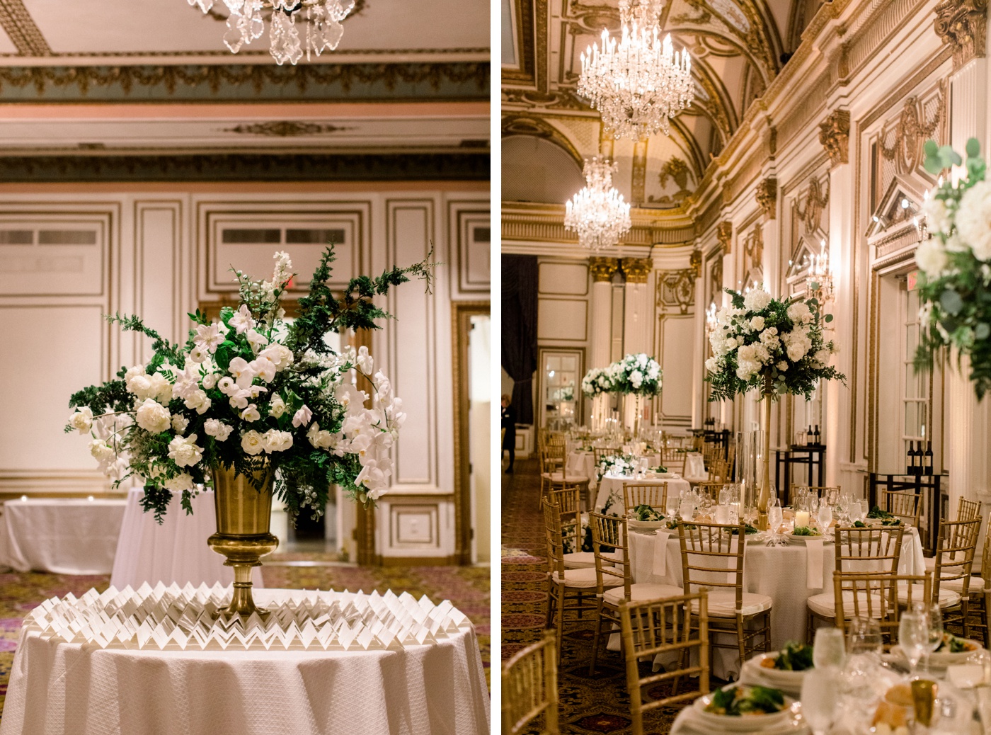Flower arrangements for a wedding reception with white orchids, anemones, roses, and peonies by Fleur Events