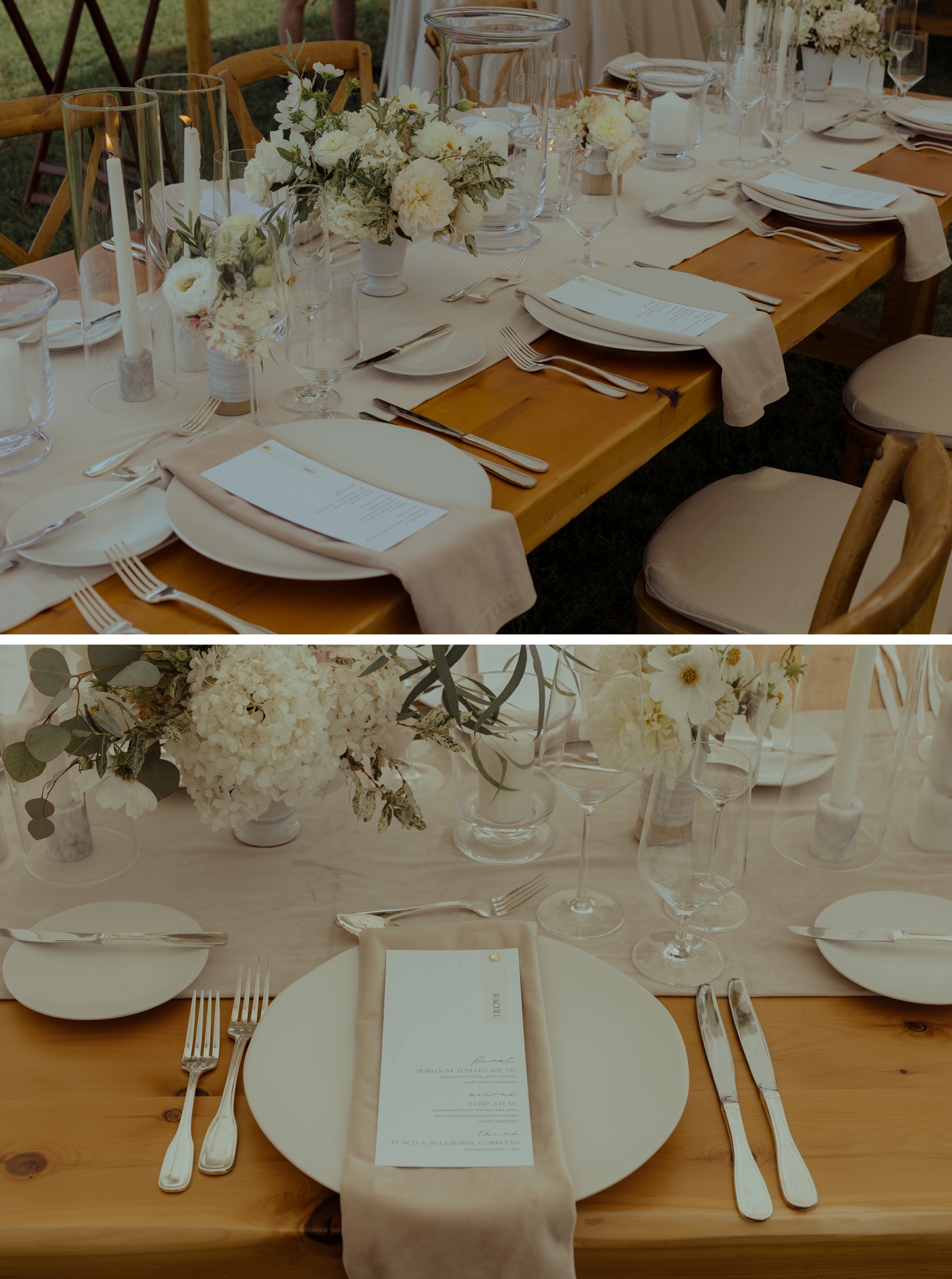 Beige linens, white tapers, and white florals on a farm table for a neutral wedding reception