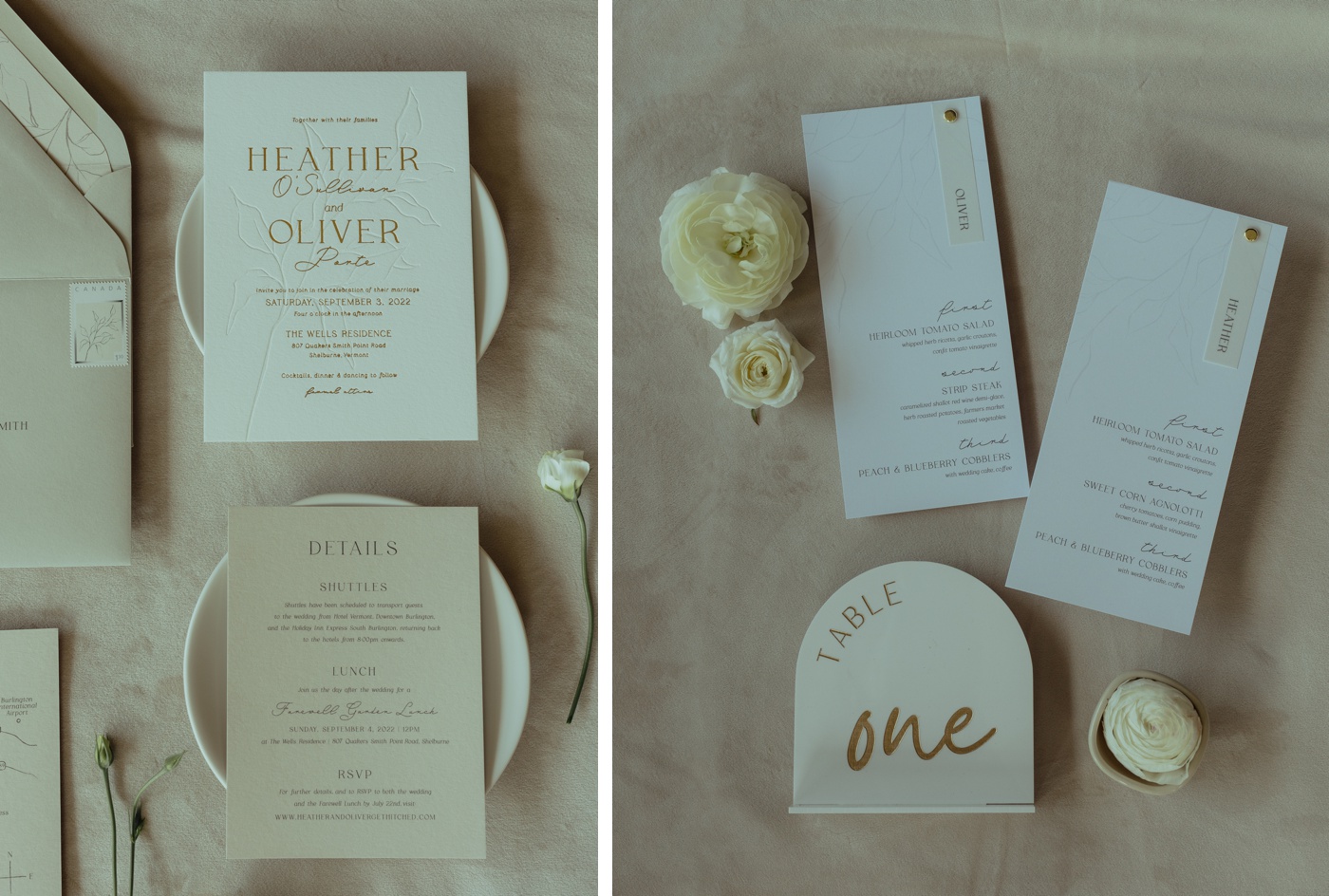 Flatlay of white and beige wedding stationery by Paper and Poste