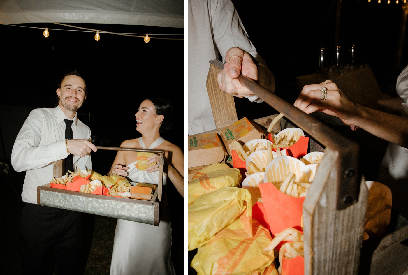 Bride and groom eating McDonald's for a late-night snack at their wedding reception