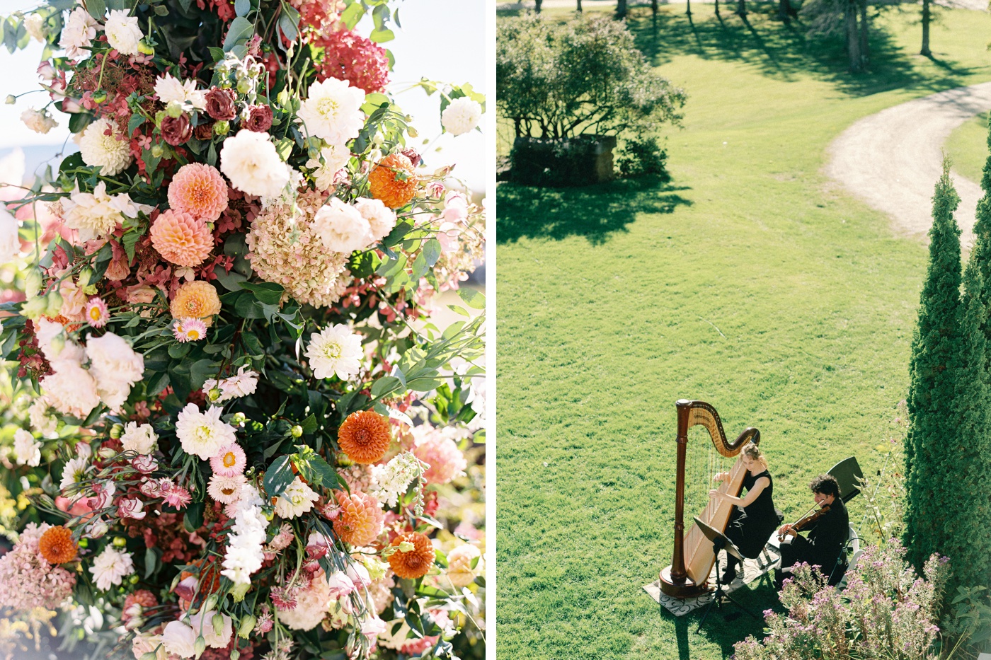Wedding ceremony arch with pink, orange, and white dahlias by Birds of a Flower