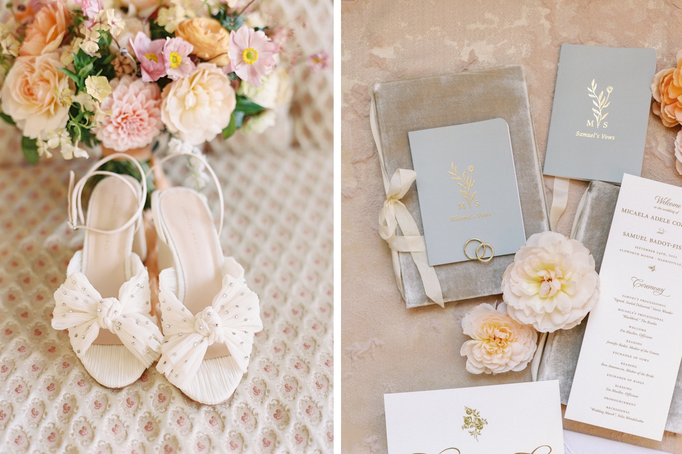 Flatlay of a vow book and wedding ceremony program with pink flowers and wedding rings