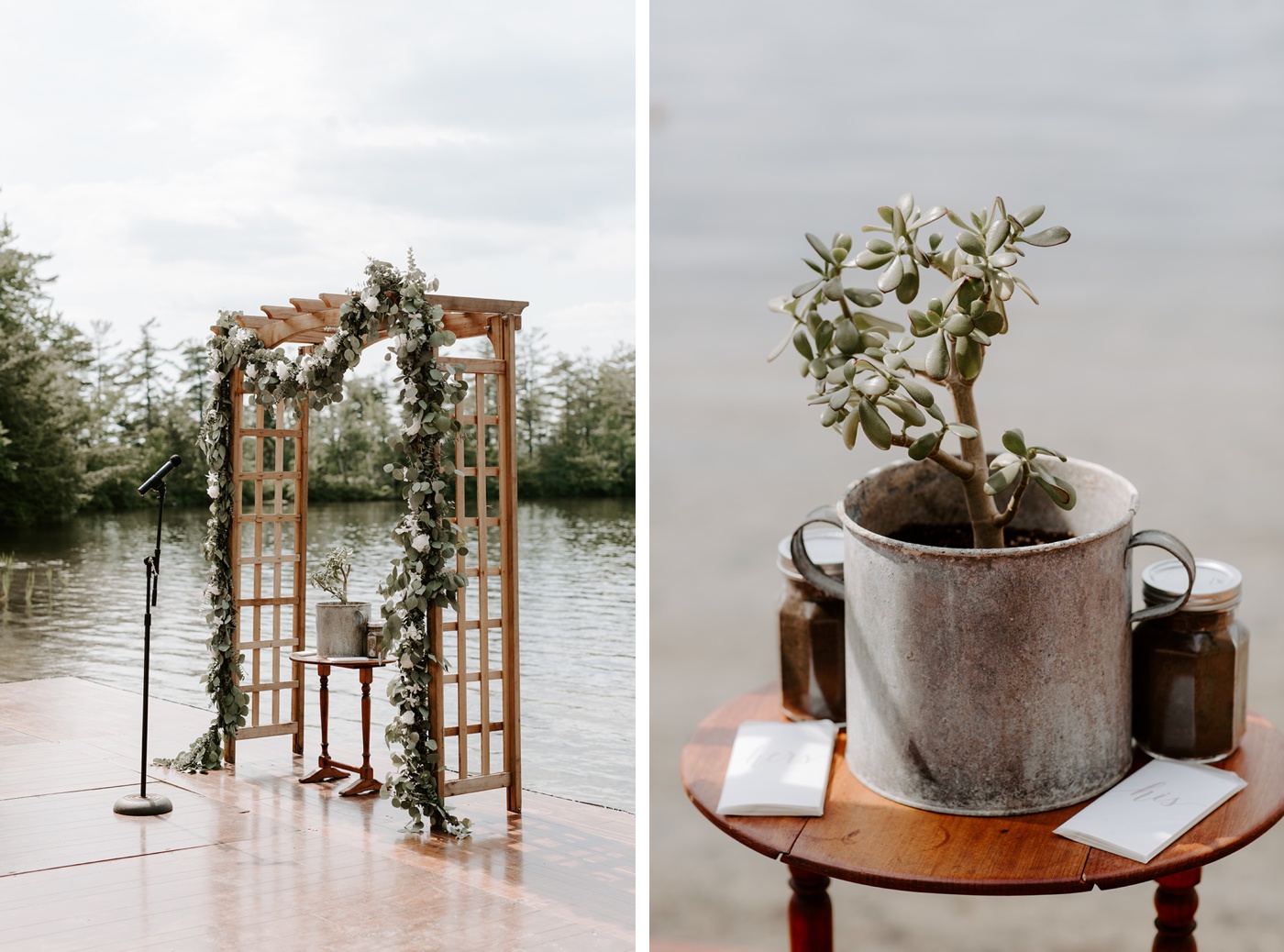 Garden trellis with eucalyptus for a lakeside wedding ceremony