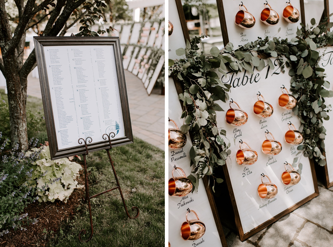 Wedding reception seating chart with copper mug escort cards