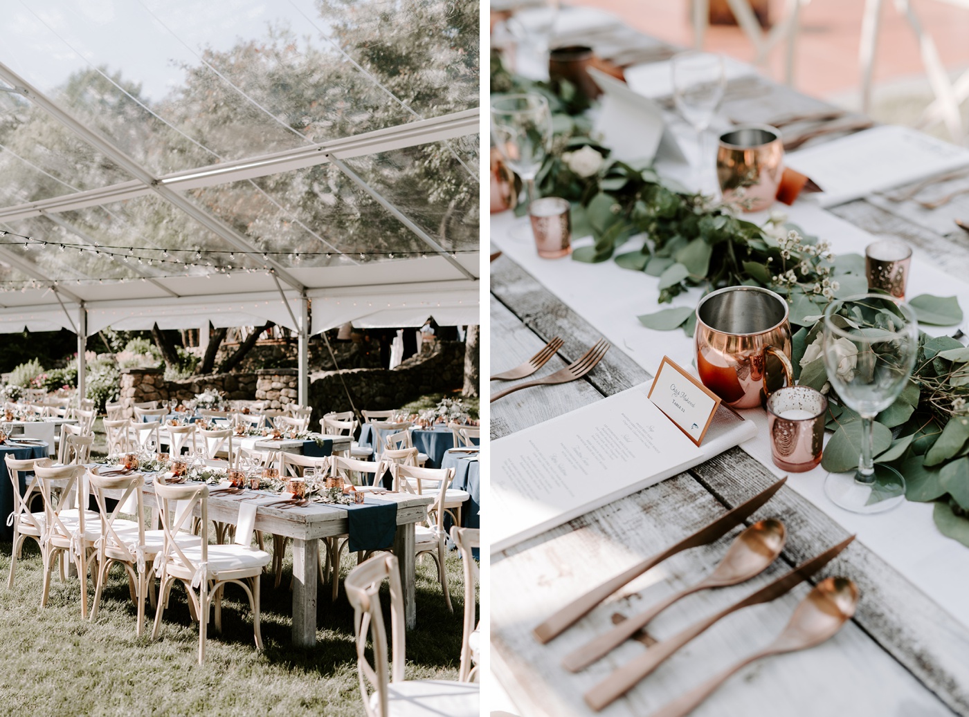 Blue linens, eucalyptus centerpieces, and copper accents for a summer wedding reception