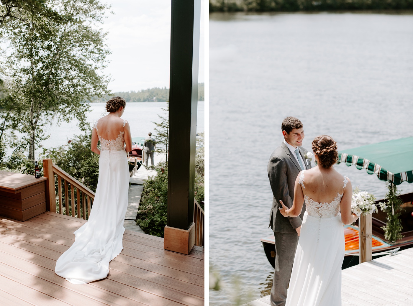 Bride and groom first look on the dock of a lake