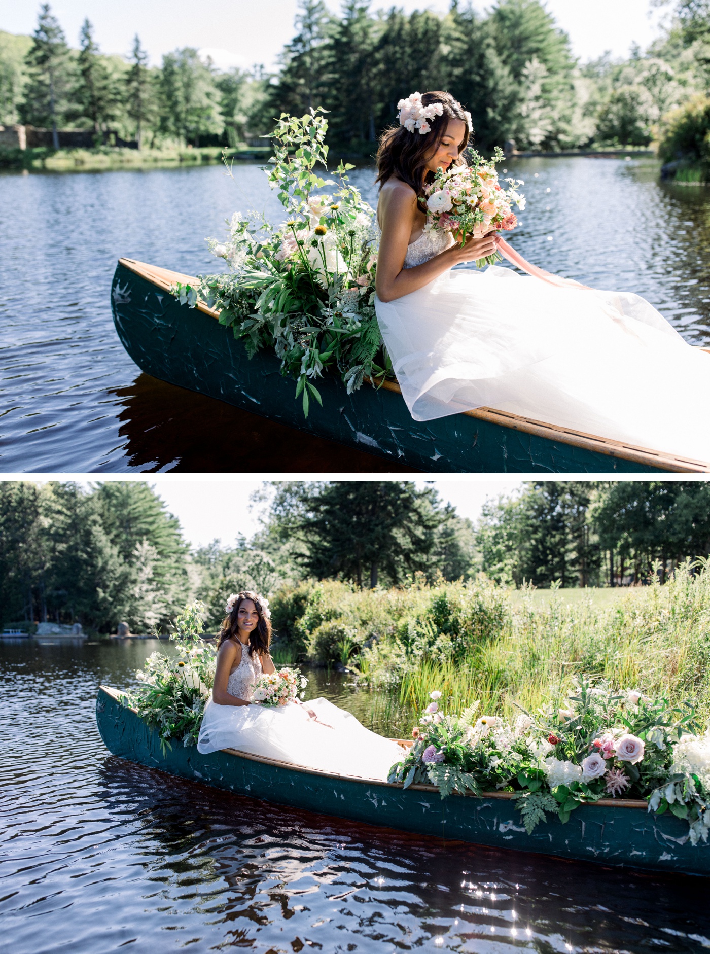 Bride in a canoe with wildflowers at a styled shoot in New England