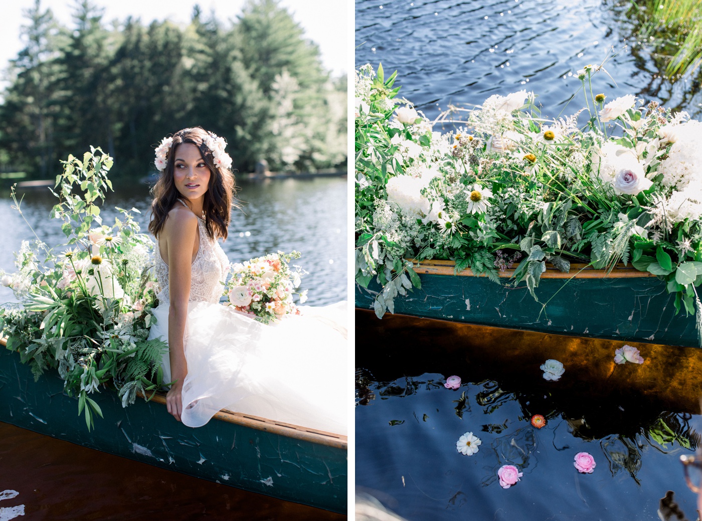 Bride in a canoe with wildflowers at a styled shoot in New England