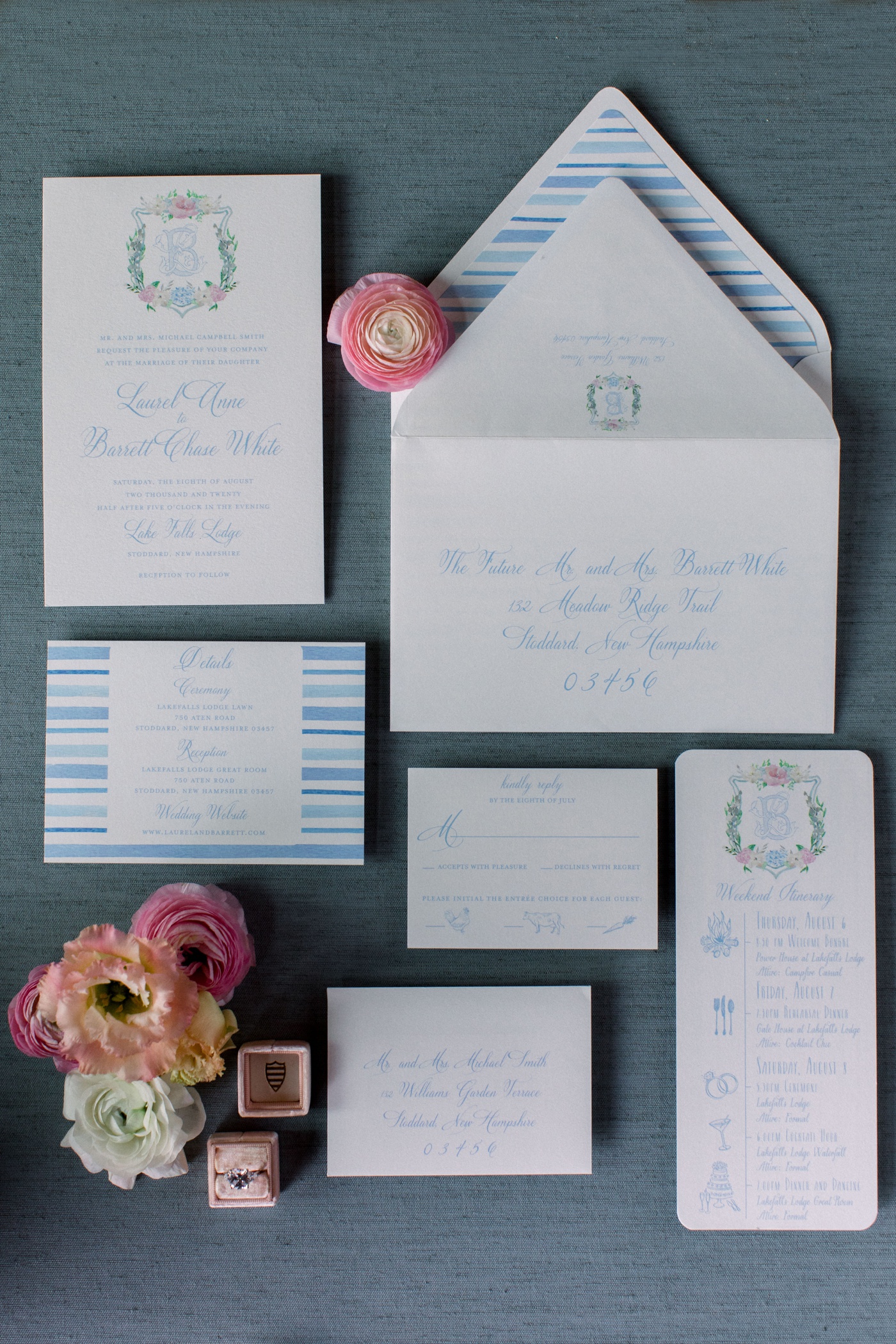 Blue and white watercolor wedding stationery by Tickled Ink