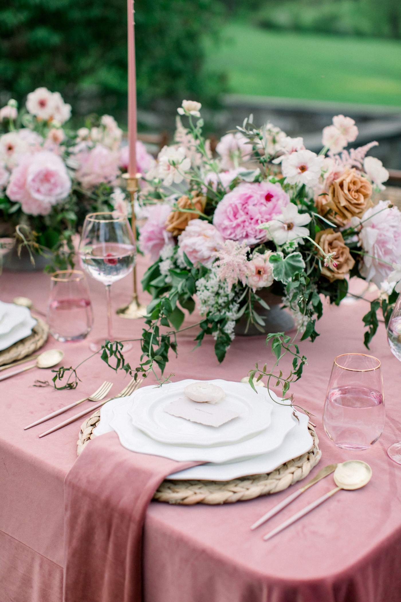 Rose velvet linens from BBJ La Tavola for a garden wedding tablescape