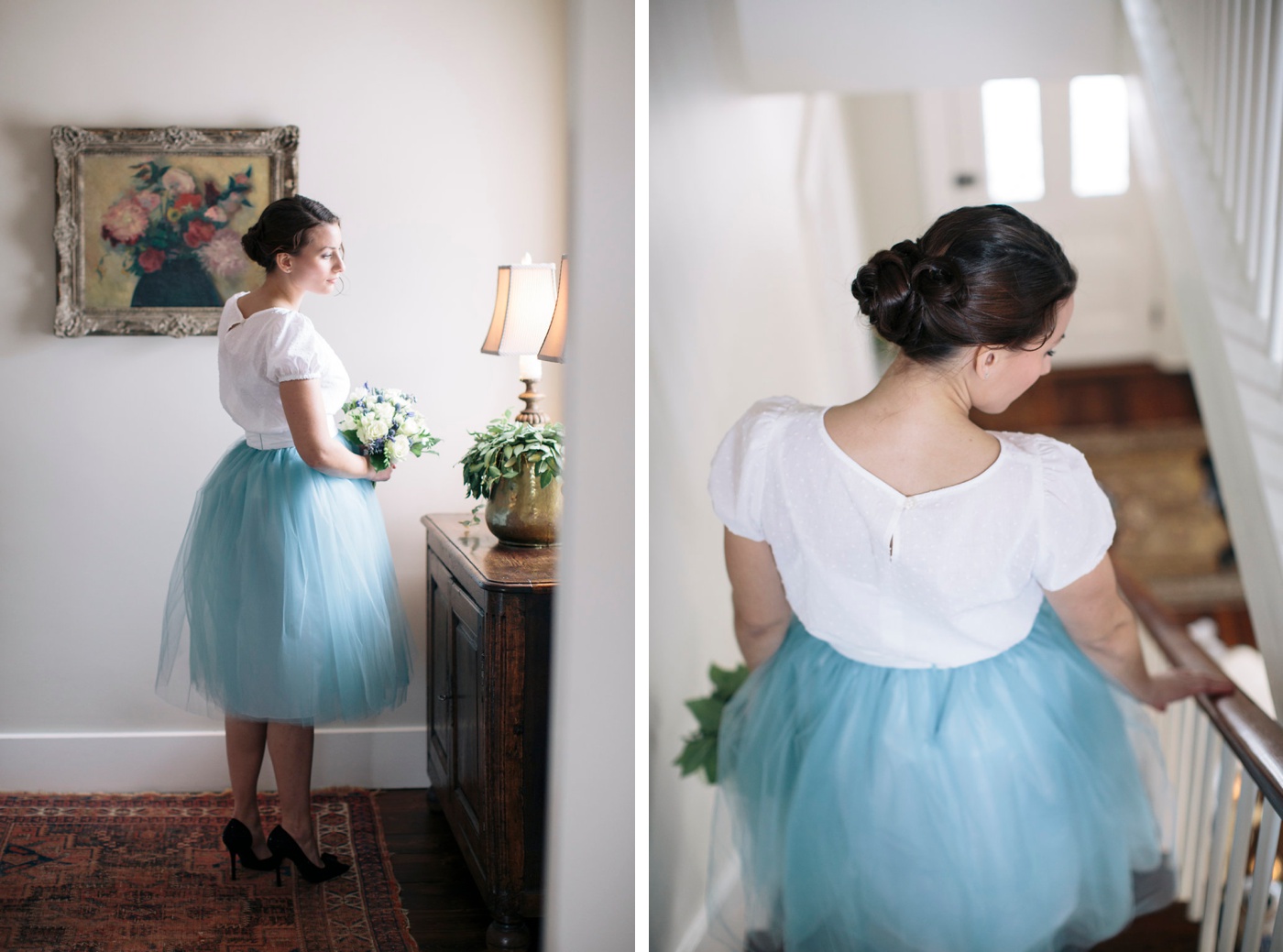 Bride in a white Swiss dot blouse and blue tulle skirt for a winter wedding
