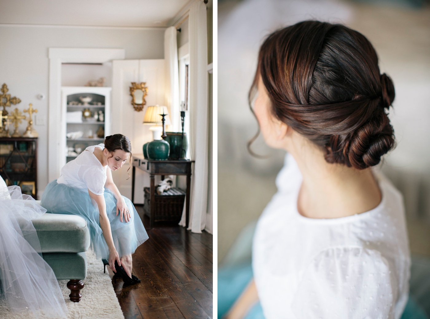 Bride getting ready for her winter wedding at a private residence in New Hampshire