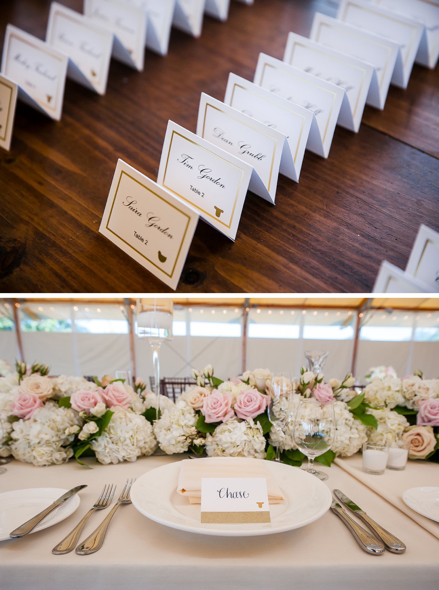 Floral centerpiece with pink roses and white hydrangeas at a summer wedding
